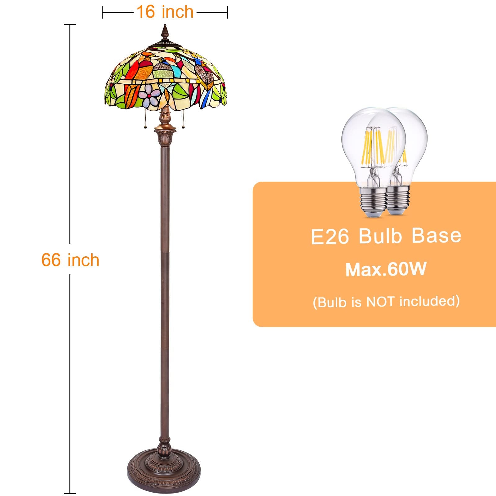 Capulina Tiffany Floor Lamp 2-Light 16X16X66 Inches Cardinal Birds Style Stained Glass Standing Reading Light for Living Room Bedroom Office