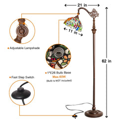 Capulina Tiffany Floor Lamp H62 Tall Antique Cardinal Birds Style Stained Glass Soft Light Arched Gooseneck Adjustable Angle Reading Floor Lamp for Living Room Bedroom