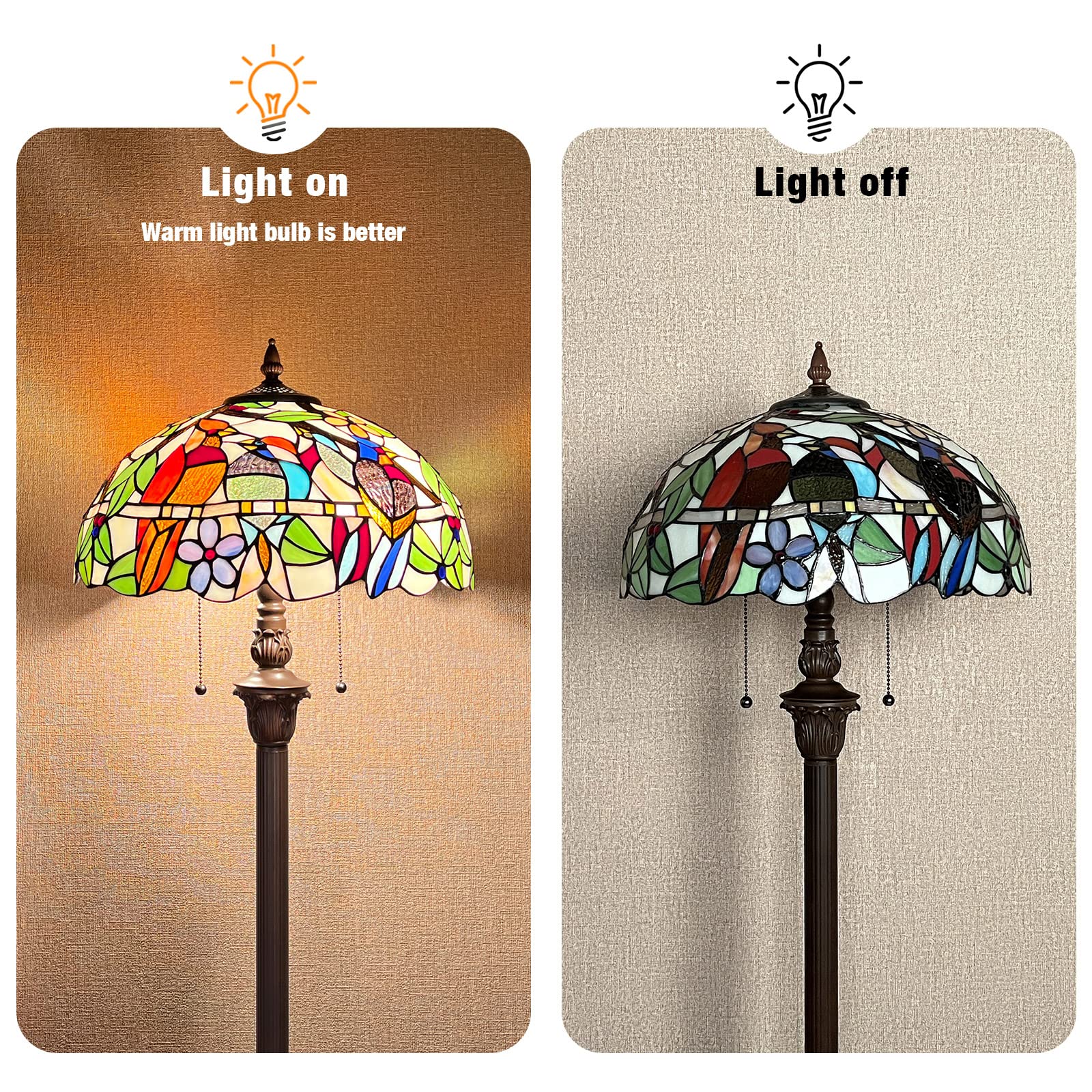 Capulina Tiffany Floor Lamp 2-Light 16X16X66 Inches Cardinal Birds Style Stained Glass Standing Reading Light for Living Room Bedroom Office