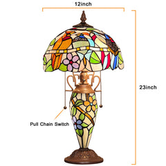 Capulina Tiffany Lamp Stained Glass Table Lamp 12x12x23 Inches 3-Light Cardinal Birds Mother-Daughter Vase Style Desk Reading Light Decor for Home Office Bedroom Living Room