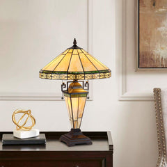 Capulina Tiffany Table Lamp 3-Light with Nightlight 16X16X24 Inches Cream Style Stained Glass Mother-Daughter Vase Desk Light Decor for Living Room Bedroom