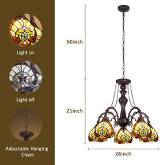 COTOSS Tiffany Hanging Chandeliers for Dining Room 5 Lights Stained Glass Kitchen Lighting Fixtures Antique Style Ceiling Pendant Lamp for Living Room Lobby Entryway