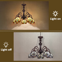 COTOSS Tiffany Hanging Chandeliers for Dining Room 5 Lights Stained Glass Kitchen Lighting Fixtures Antique Style Ceiling Pendant Lamp for Living Room Lobby Entryway