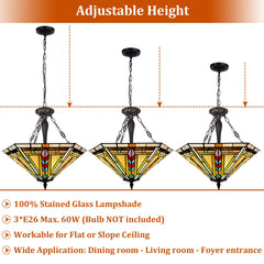 Thatyears Tiffany Pendant Light Fixtures 3 Light-22 inches Wide Handmade Stained Glass Inverted Pendant Lighting for Kitchen Island Living Room Dining Room Foyer
