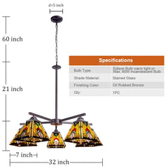 Thatyears Tiffany Chandelier Pendant Light 5 Light-7 Inches Mission Firecracker Style Stained Glass Craftsman Hangings Lamp for Dining Living Room Foyer Kitchen