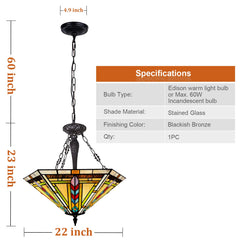 Thatyears Tiffany Pendant Light Fixtures 3 Light-22 inches Wide Handmade Stained Glass Inverted Pendant Lighting for Kitchen Island Living Room Dining Room Foyer