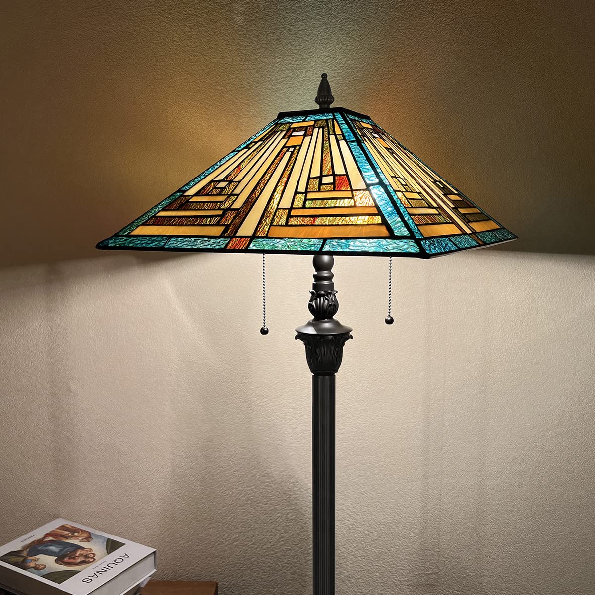 Tiffany Floor Lamp Mission Style Green Stained Glass Floor Light for Reading Antique 16 Double Light Standing Lamp for Living Room Bedroom Home Office