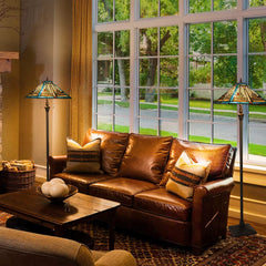 Tiffany Floor Lamp Mission Style Green Stained Glass Floor Light for Reading Antique 16 Double Light Standing Lamp for Living Room Bedroom Home Office