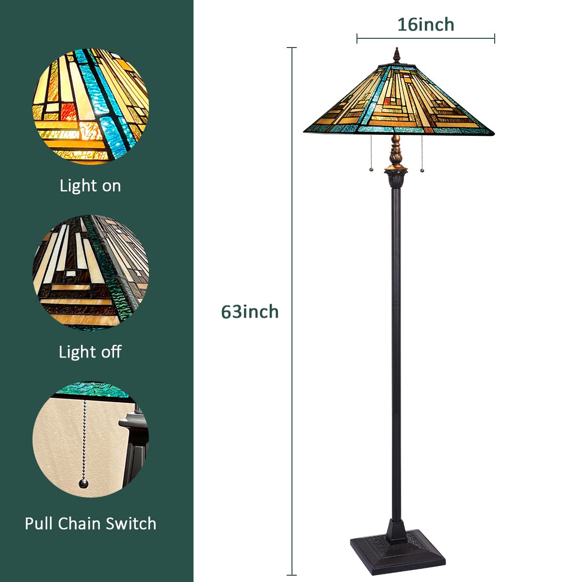 Tiffany Floor Lamp Mission Style Green Stained Glass Floor Light for Reading Antique 16 Double Light Standing Lamp for Living Room Bedroom Home Office