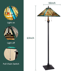 Tiffany Floor Lamp Mission Style Green Stained Glass Floor Light for Reading Antique 16 Double Light Standing Lamp for Living Room Bedroom Home Office