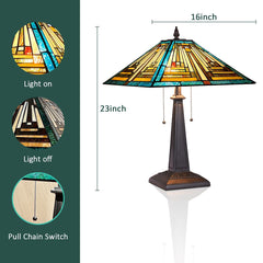 COTOSS Tiffany Table Lamps 16 Wide Handmade Stained Glass Desk Lamp for Reading 2 Lights Green Mission Style Antique Table Light for Living Room Bedroom Office