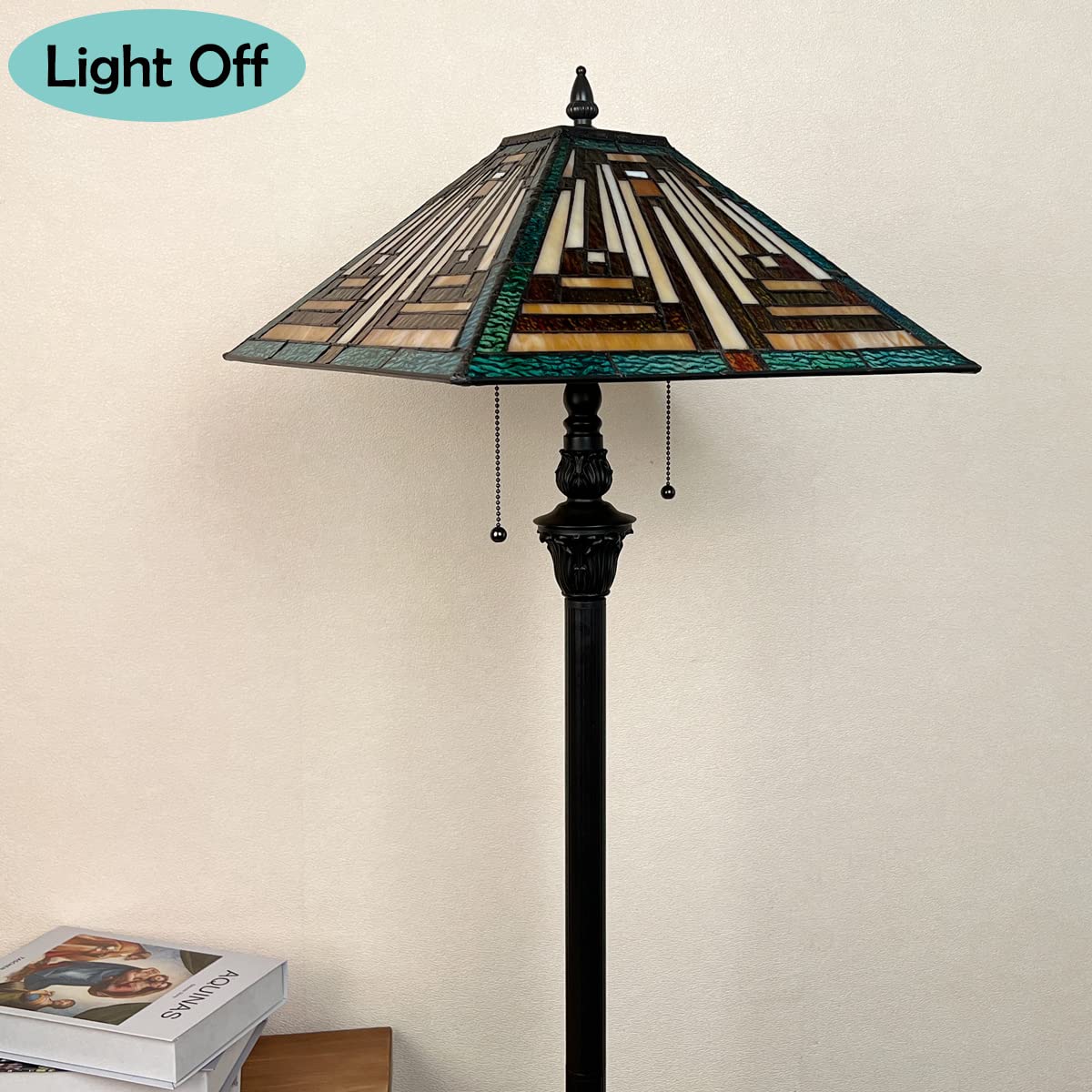 Tiffany Floor Lamp Mission Style Green Stained Glass Floor Light for Reading Antique 16 Double Light Standing Lamp for Living Room Bedroom Home Office