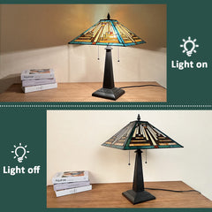 COTOSS Tiffany Table Lamps 16 Wide Handmade Stained Glass Desk Lamp for Reading 2 Lights Green Mission Style Antique Table Light for Living Room Bedroom Office