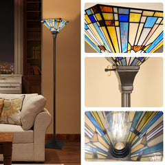 Capulina Tiffany Torchiere Floor Lamp 70 Inches Tall Industrial Pole Green Blue Mission Style Torch Standing Light for Living Room Bedroom Farmhouse Home Office