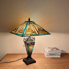 COTOSS Tiffany Table Lamps with Nightlight 16 Wide Handmade Stained Glass Desk Lamp for Reading 3 Lights Green Mission Style Antique Table Light for Living Room Bedroom Office