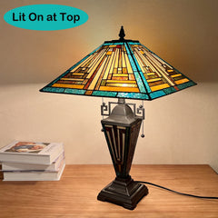 COTOSS Tiffany Table Lamps with Nightlight 16 Wide Handmade Stained Glass Desk Lamp for Reading 3 Lights Green Mission Style Antique Table Light for Living Room Bedroom Office