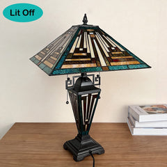 COTOSS Tiffany Table Lamps with Nightlight 16 Wide Handmade Stained Glass Desk Lamp for Reading 3 Lights Green Mission Style Antique Table Light for Living Room Bedroom Office