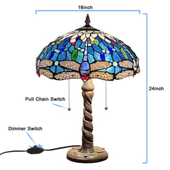Capulina Tiffany Table Lamp, Sea Blue Dragonfly Antique Style Stained Glass Reading Desk Lamp 16x16x24 Inches for Home Office Living Room Bedrooms Study
