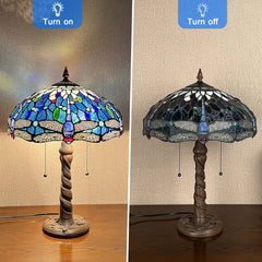 Capulina Tiffany Table Lamp, Sea Blue Dragonfly Antique Style Stained Glass Reading Desk Lamp 16x16x24 Inches for Home Office Living Room Bedrooms Study