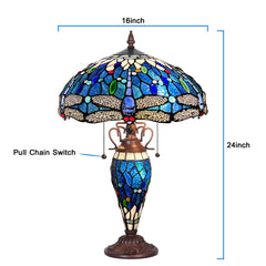 Capulina Tiffany Lamp, Stained Glass Table Lamp 16X16X24 Inches Sea Blue Dragonfly Style Reading Desk Light for Living Room Bedrooms Study Home Office