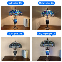 Capulina Tiffany Lamp, Stained Glass Table Lamp 16X16X24 Inches Sea Blue Dragonfly Style Reading Desk Light for Living Room Bedrooms Study Home Office