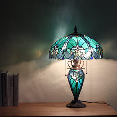 COTOSS Tiffany Table Lamp with Night Light 16 inch Large Stained Glass Table Light Victorian Style Sea Green Antique 3 Light Desk Lamp for Living Room Bedroom Office