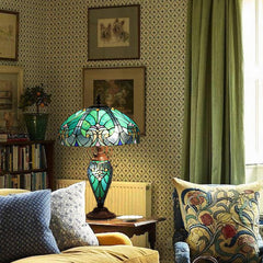 COTOSS Tiffany Table Lamp with Night Light 16 inch Large Stained Glass Table Light Victorian Style Sea Green Antique 3 Light Desk Lamp for Living Room Bedroom Office