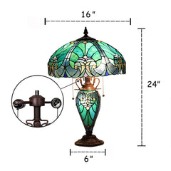 COTOSS Tiffany Table Lamp with Night Light 16 inch Large Stained Glass Table Light Victorian Style Sea Green Antique 3 Light Desk Lamp for Living Room Bedroom Office
