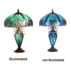 COTOSS Tiffany Table Lamp with Night Light 16 inch Large Stained Glass Table Light Victorian Style Sea Green Antique 3 Light Desk Lamp for Living Room Bedroom Office