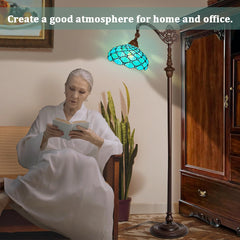 Thatyears Tiffany Floor Lamp Seagrass Blue Beads Style Stained Glass Gooseneck Arched Adjustable Corner Standing Reading Light Decor Bedroom Living Room Home Office