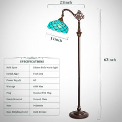Thatyears Tiffany Floor Lamp Seagrass Blue Beads Style Stained Glass Gooseneck Arched Adjustable Corner Standing Reading Light Decor Bedroom Living Room Home Office