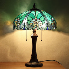 COTOSS Tiffany Table Lamp Sea Green Stained Glass Table Light Antique Style 16 inch Large Desk Lamp 2 Light Victorian Vintage Beside Reading Lamp for Living Room Bedroom Office