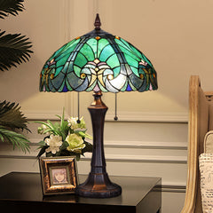 COTOSS Tiffany Table Lamp Sea Green Stained Glass Table Light Antique Style 16 inch Large Desk Lamp 2 Light Victorian Vintage Beside Reading Lamp for Living Room Bedroom Office