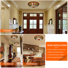 ARTZONE Tiffany Ceiling Lights, Stained Glass Ceiling Light 3-Lights 16 Inch Tiffany Flush Mount Ceiling Light Fixture for Bedroom Dining Living Room Entryway Foyer(Orange-Red)
