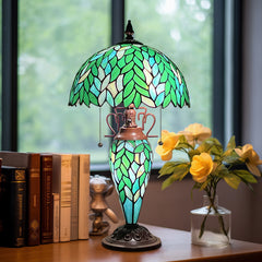 COTOSS Tiffany Lamp Green Wisteria Stained Glass Table Lamp 3-Lights