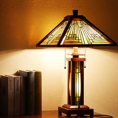 Capulina Tiffany Style Table Lamp 3-Light 15X15X26 Inches Mission Amber Brown Style Wood Base Desk Lamp with Night Light Decor for Living Room Bedroom Home Office