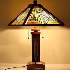 Capulina Tiffany Style Table Lamp 3-Light 15X15X26 Inches Mission Amber Brown Style Wood Base Desk Lamp with Night Light Decor for Living Room Bedroom Home Office