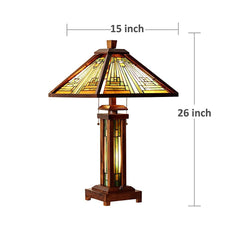 Capulina Tiffany Style Table Lamp 3-Light 15X15X26 Inches Mission Amber Brown Style Wood Base Desk Lamp with Night Light Decor for Living Room Bedroom Home Office