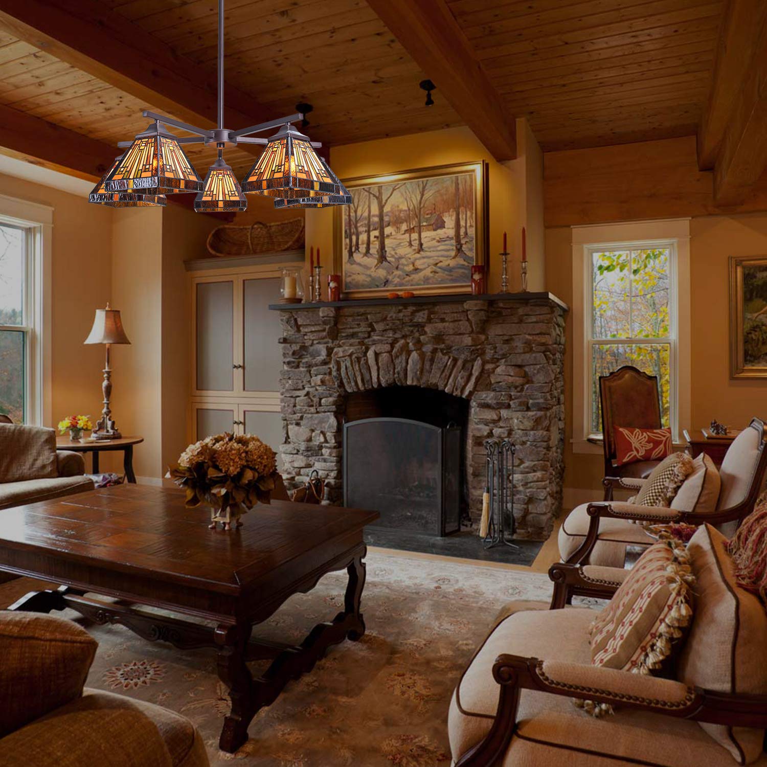 Capulina Tiffany Chandeliers 5-Light Stained Glass Antique Style Pendant Light