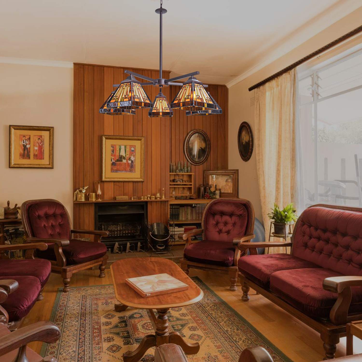 Capulina Tiffany Chandeliers 5-Light Stained Glass Antique Style Pendant Light