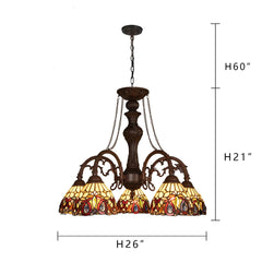 Capulina Tiffany Style Pendant Light Chandeliers 5-Light 26 Inches Wide Cream Brown Vintage Style Stained Glass Hangings Lamp for Dining Room Foyer Kitchen Island