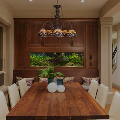 Capulina Tiffany Style Pendant Light Chandeliers 5-Light 26 Inches Wide Cream Brown Vintage Style Stained Glass Hangings Lamp for Dining Room Foyer Kitchen Island