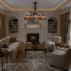 Capulina Tiffany Style Pendant Light Chandeliers 5-Light 26 Inches Wide Cream Brown Vintage Style Stained Glass Hangings Lamp for Dining Room Foyer Kitchen Island