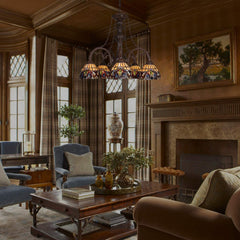 Capulina Tiffany Style Pendant Light Chandeliers 5-Light 26 Inches Wide Cream Brown Vintage Style Stained Glass Hangings Lamp for Dining Room Foyer Kitchen Island