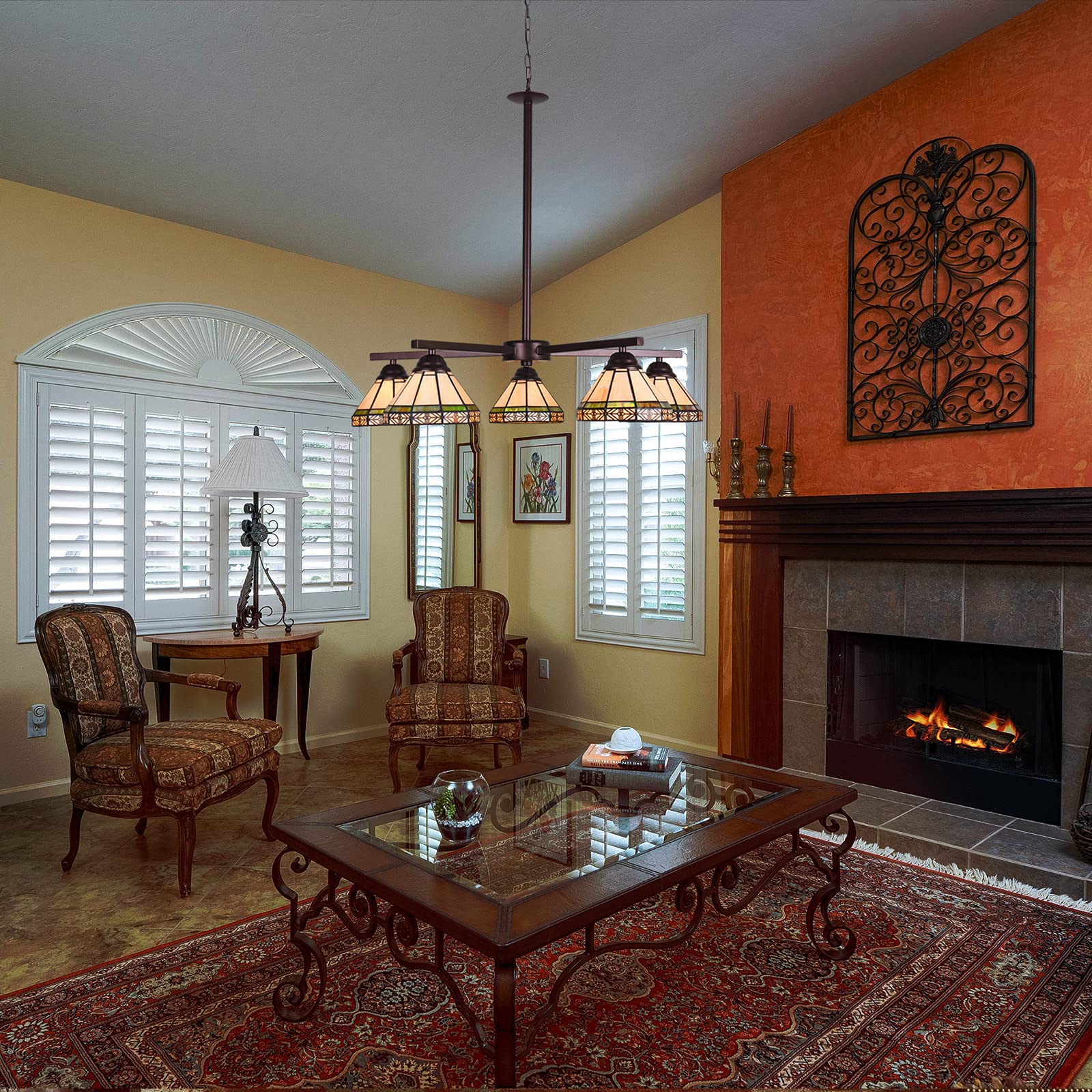 Capulina Tiffany Chandeliers 5-Light Stained Glass Shade Antique Style Pendant Light