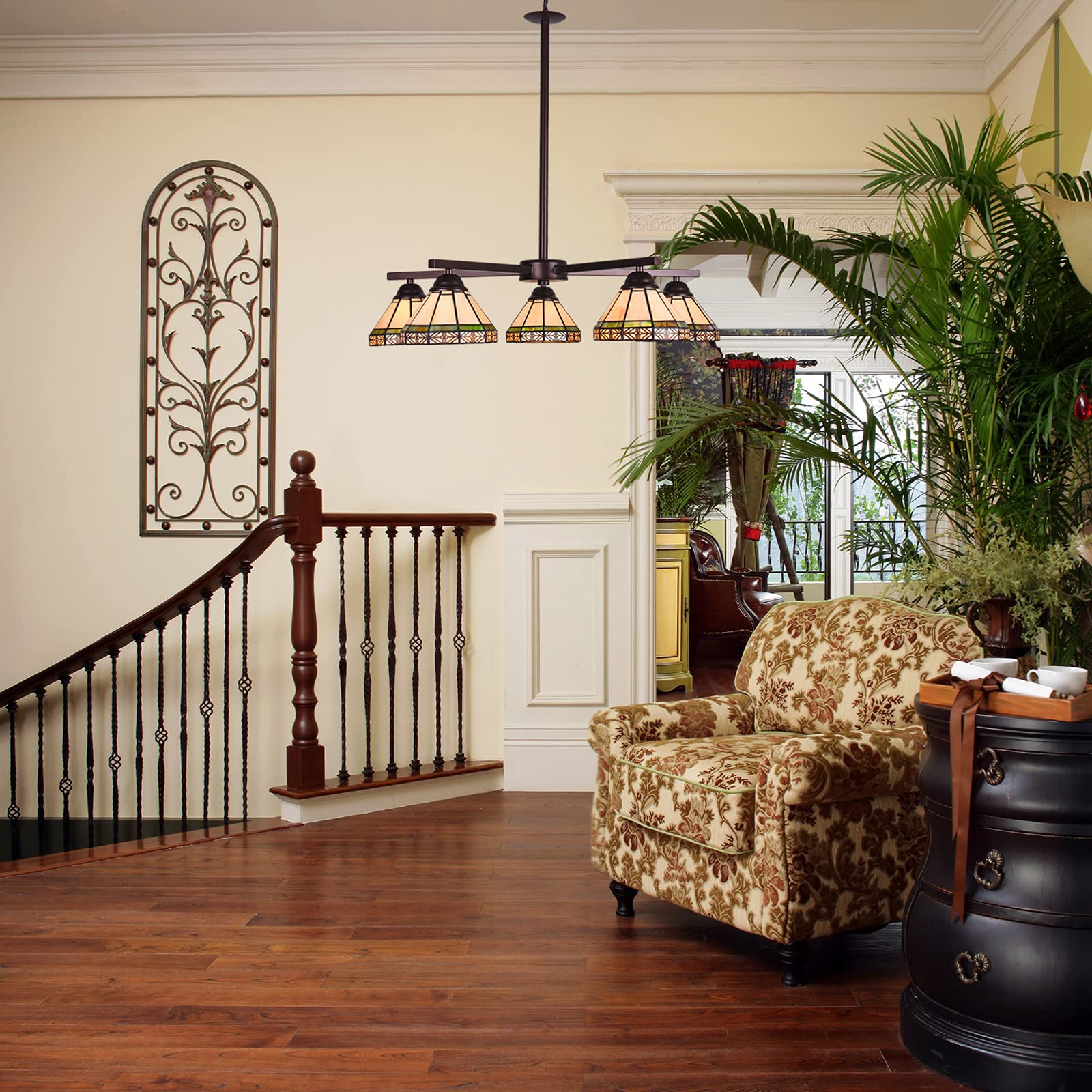 Capulina Tiffany Chandeliers 5-Light Stained Glass Shade Antique Style Pendant Light