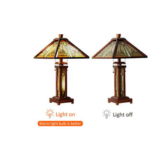 Capulina Tiffany Style Table Lamp 3-Light 15X15X26 Inches Mission Amber Brown Style Wood Base Desk Lamp with Night Light Decor for Living Room Bedroom Home Office