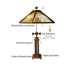 Capulina Tiffany Style Table Lamp 3-Light 15X15X26 Inches Mission Amber Brown Style Wood Base Desk Lamp with Night Light Decor for Living Room Bedroom Home Office