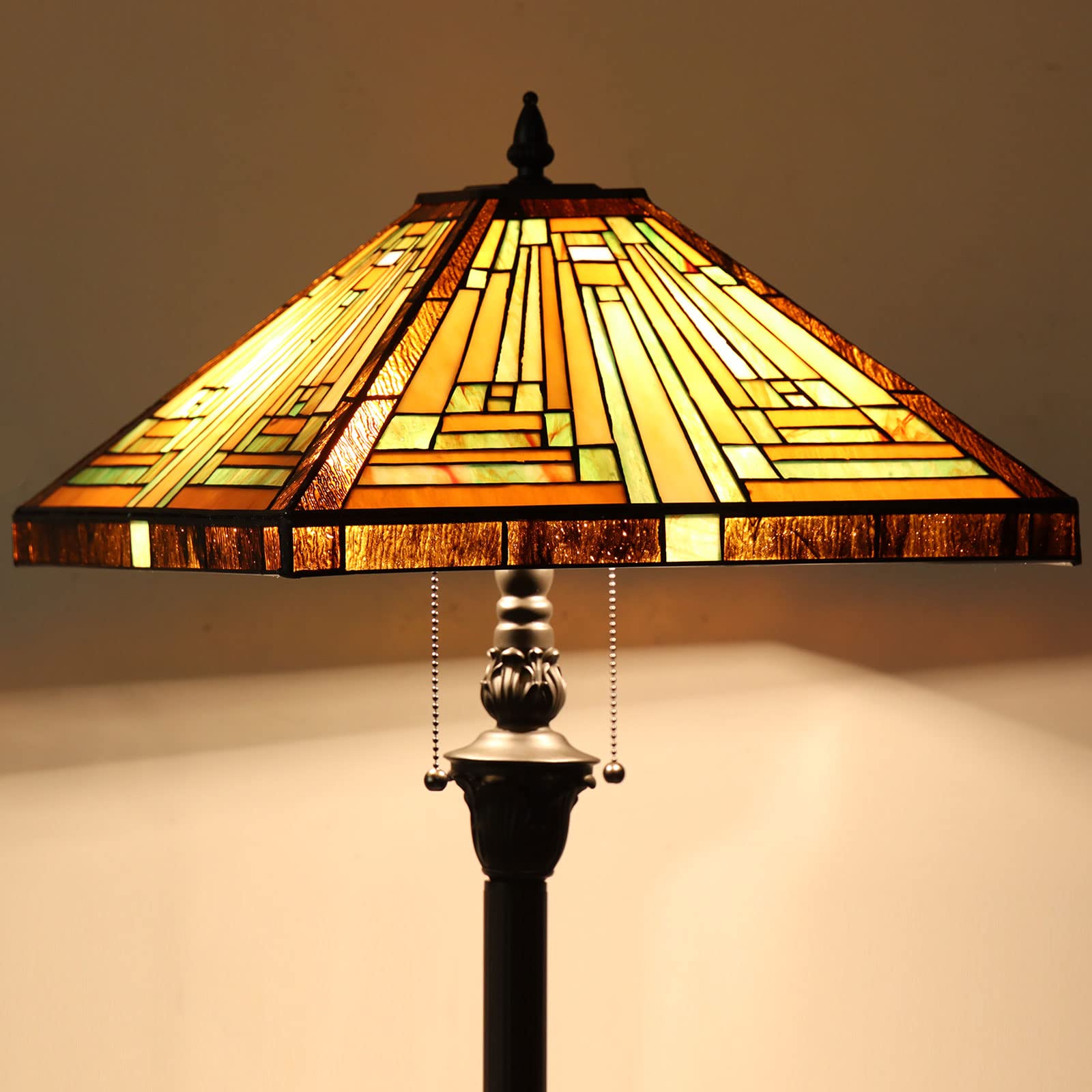 Capulina Tiffany Floor Lamp 2-Light 16X16X63 Inches Amber Brown Mission Antique Style Stained Glass Standing Reading Light for Living Room Bedroom Office