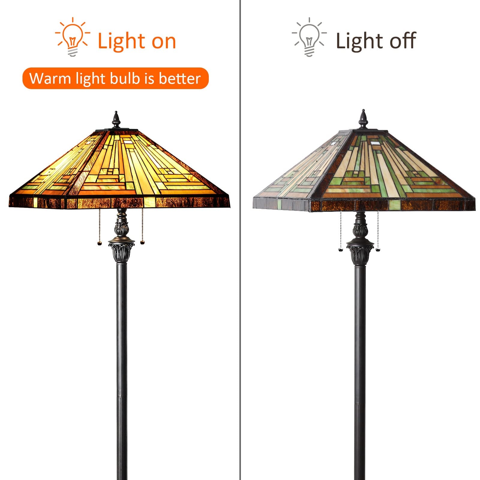 Capulina Tiffany Floor Lamp 2-Light 16X16X63 Inches Amber Brown Mission Antique Style Stained Glass Standing Reading Light for Living Room Bedroom Office